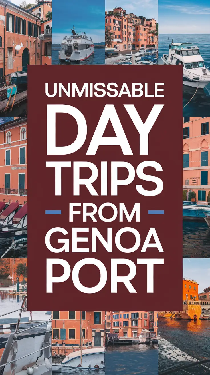 Big text overlay saying: Unmissable Day Trips from Genoa Port. It's designed to immediately grab attention with its thick, distinctive lettering set prominently in a big dark colored box, utilizing a simple yet striking bold white color for the text. Surrounding this eye-catching typography, a collage of vibrant images.