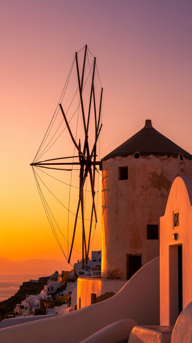 A photograph of a lone white windmill silhouetted against a vibrant Santorini sunset. The windmill's wooden structure is weathered and textured, with its sails gracefully angled towards the fiery horizon. Below, the iconic white-washed buildings of the village cascade down the cliffside, reflecting the golden and orange hues of the fading sunlight. The warm, dramatic lighting creates long shadows and a serene atmosphere, capturing the quintessential beauty of the Greek island.