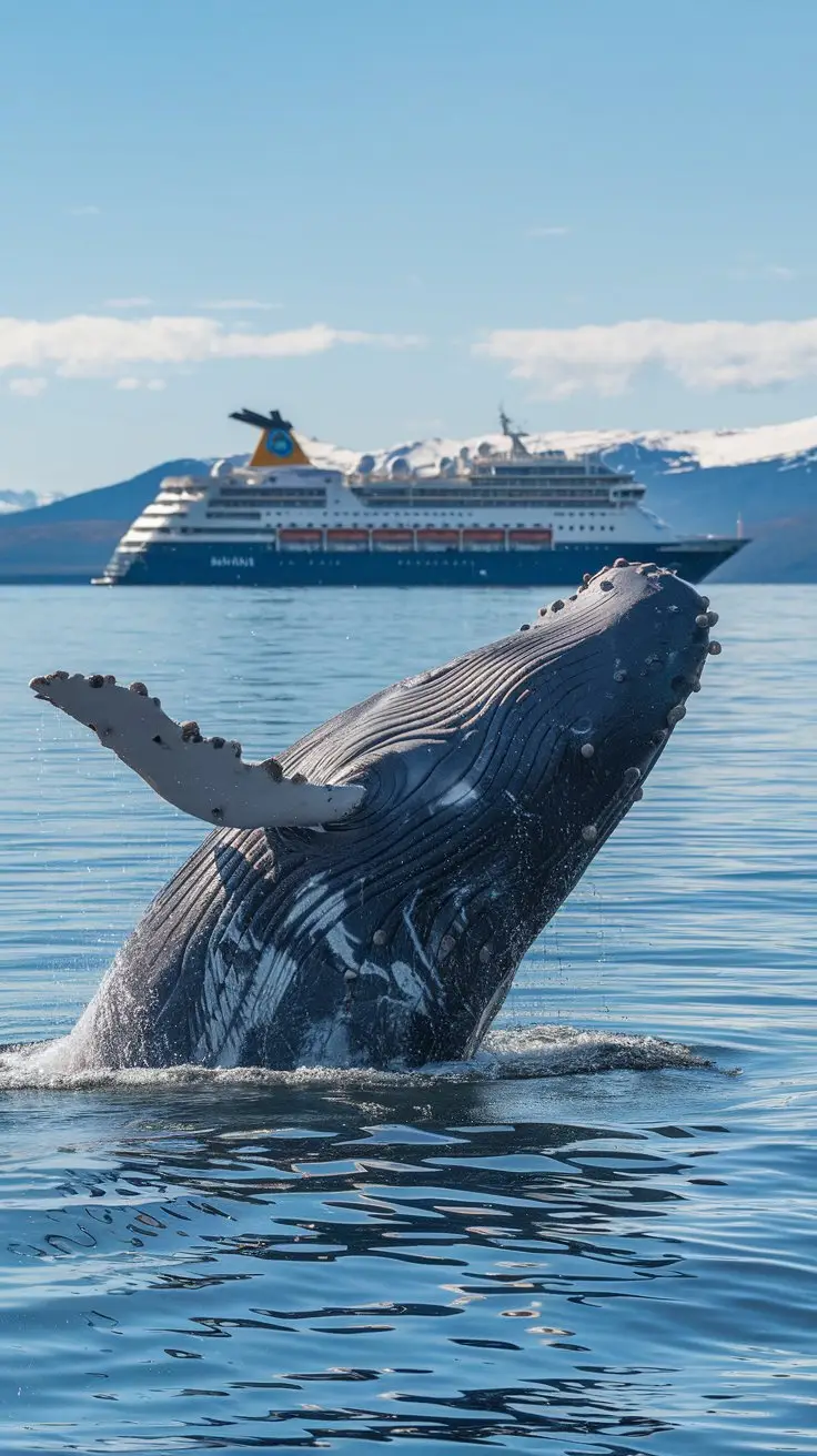 Whale breaching the water in Juneau with a cruise ship in the background in Alaska