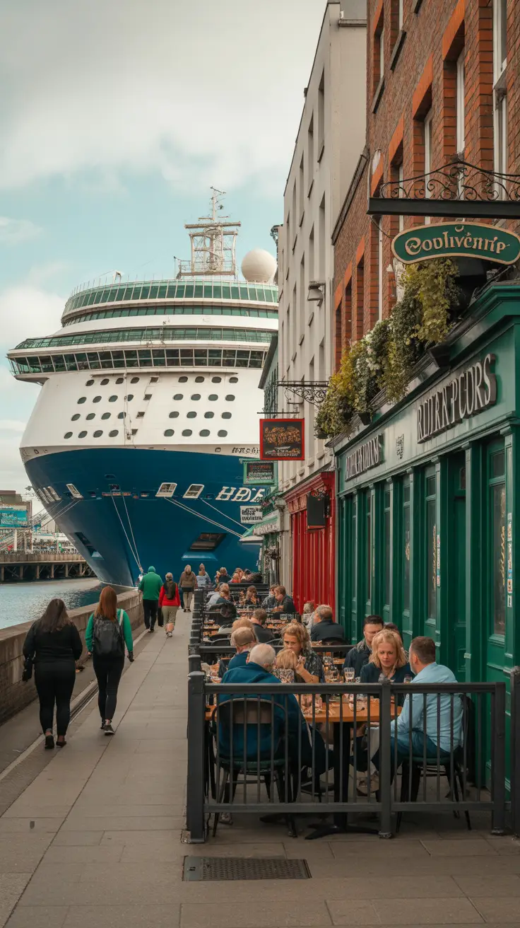 A photograph showing a view of the Dublin Cruise Ship Port in the background with a row of nearby restaurants and pubs in the foreground. Visible are outdoor seating areas with people dining, a rooftop terrace with diners, and traditional Irish pub façades with decorative signs. Some buildings have red brick exteriors. A few pedestrians are walking along the sidewalk.