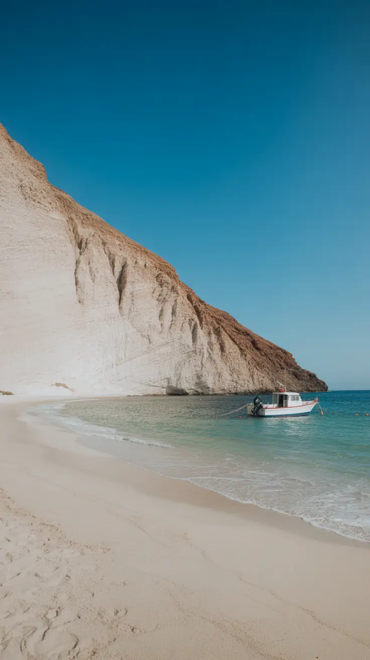 A unique volcanic beach surrounded by chalk-white cliffs, only reachable by boat, offering a more intimate alternative to Red and Black Beaches.