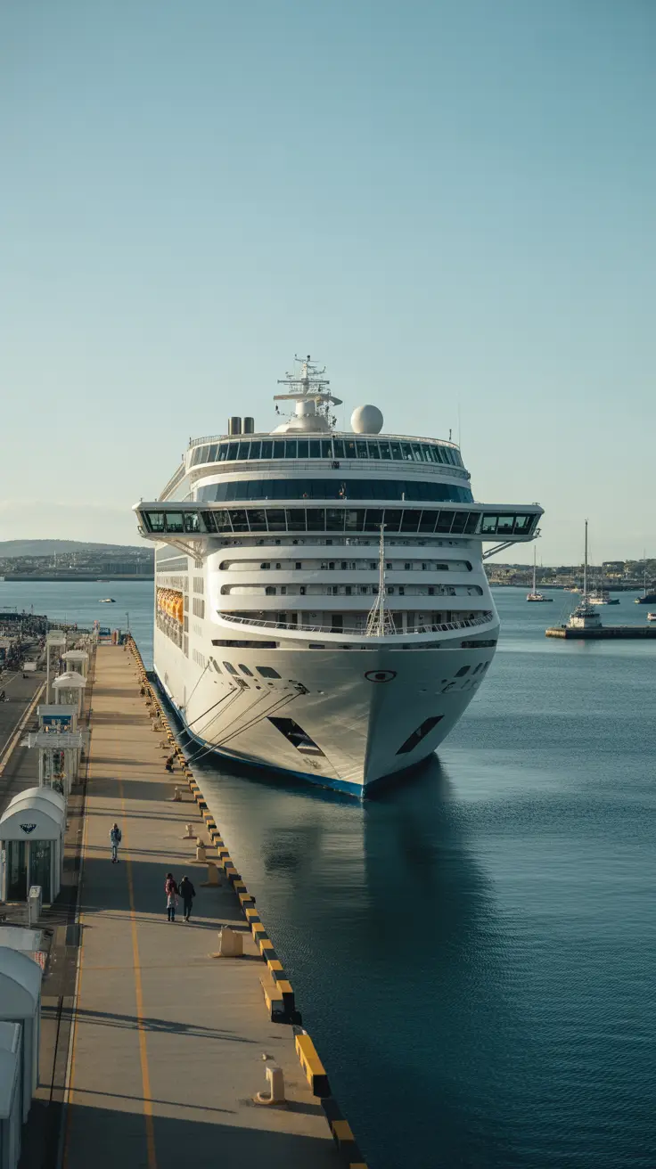 A large white cruise ship docked at a modern pier in Dún Laoghaire Harbour. A few passengers are disembarking onto a clean, organized terminal. In the background, the harbor is calm with small boats anchored nearby. The coastline of Dublin is visible in the distance. Clear skies above.
