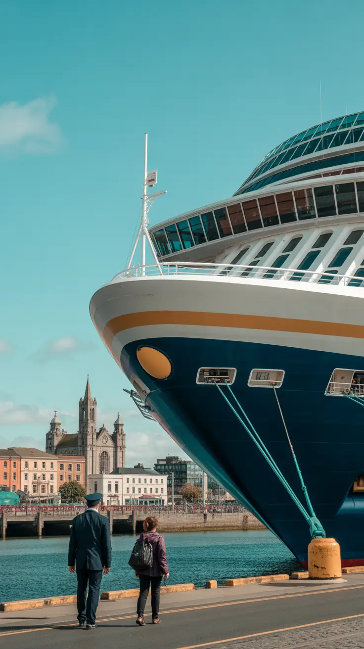 A large cruise ship docked at Dublin Port with the city skyline visible in the background, including historic buildings and church spires. A few visitors are walking near the port, being greeted by a local in uniform. Clear blue skies overhead.