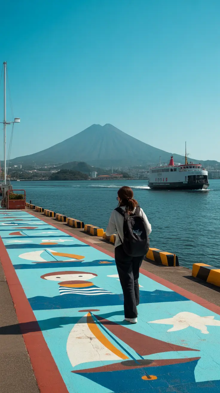 A woman with a backpack walks along a paved harbor path lined with sailor-themed murals. In the background, Mount Pico rises sharply against a clear blue sky. A white ferry passes through the bay on calm water.