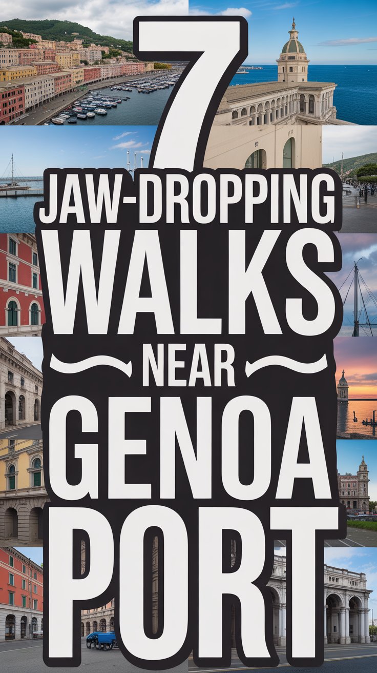 Big text overlay: "7 Jaw-Dropping Walks Near Genoa Port". It's designed to immediately grab attention with its thick, distinctive lettering set prominently in a big box, utilizing a simple yet striking bold white color for maximum visibility. Surrounding this eye-catching typography, a collage of vibrant images. No other text.
