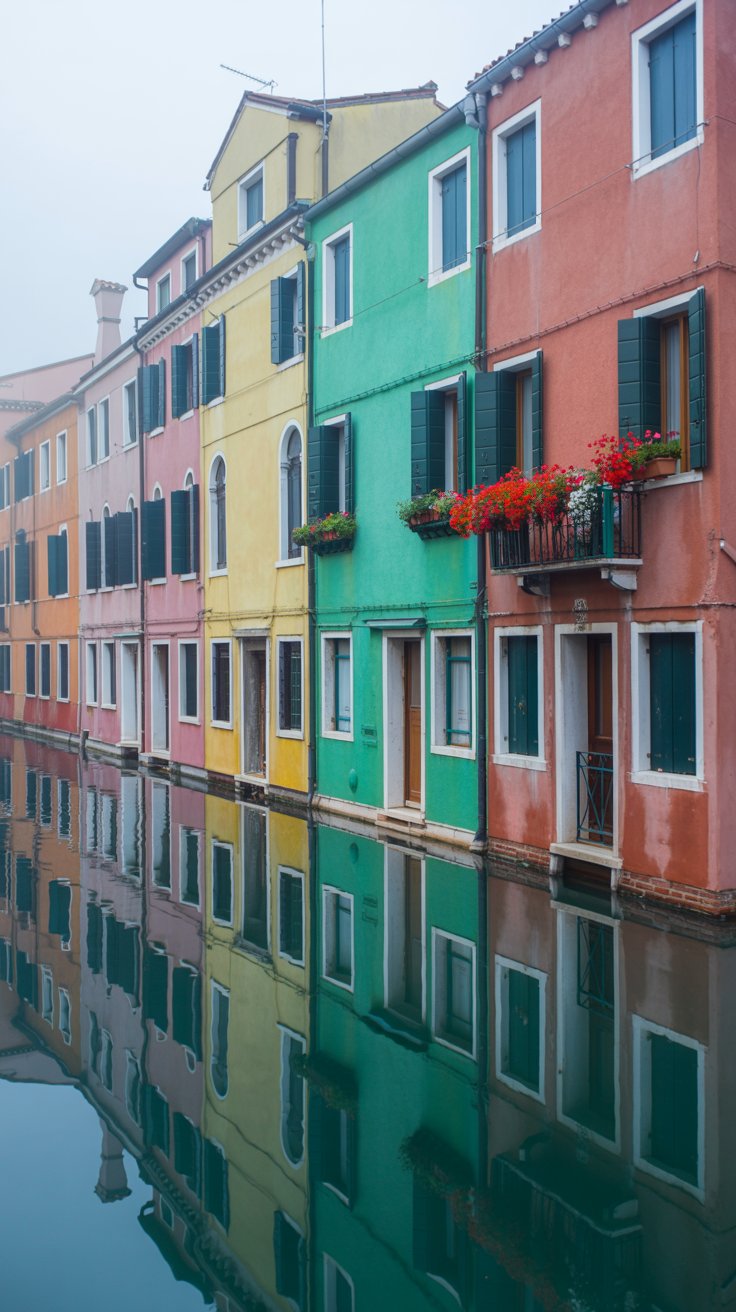 Burano a charming crayola colored houses with stunning reflection in the canal in Venice Italy