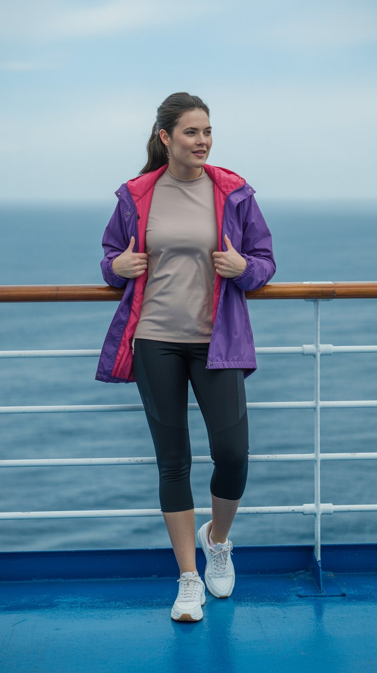 Average looking woman aged 30 wearing a trendy outfit: 3/4 leggings with a thermal top. With a colorful waterproof jacket and white sneakers. She is not a model, just a normal woman having fun on a cruise ship.