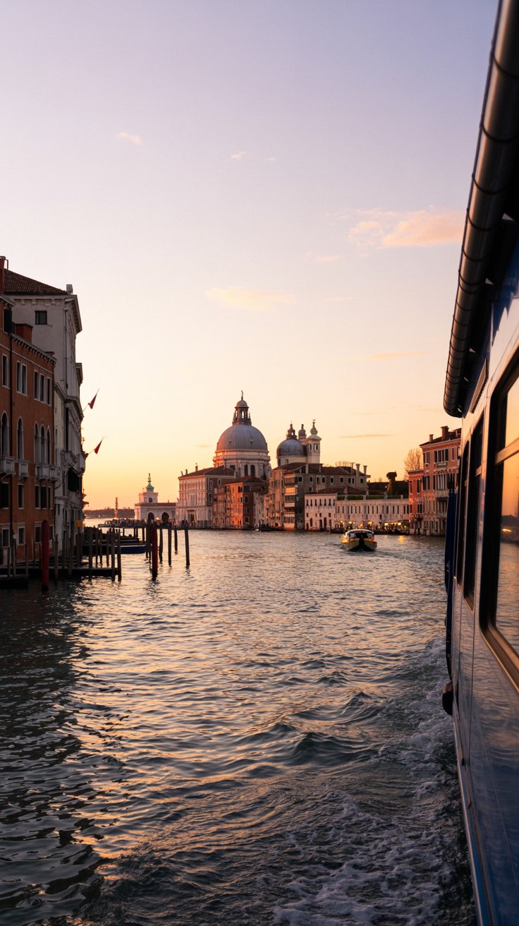 Giudecca Island from a vaporetto in Venice Italy at sunset
