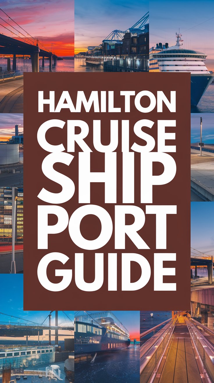 Big text overlay saying: Hamilton Cruise Ship Port Guide, designed to immediately grab attention with thick, distinctive lettering in a bold white font set against a large dark-colored box, surrounded by a vibrant collage of realistic port and cruise-related images.