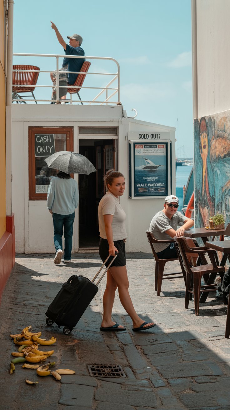 A cobblestone alleyway in Horta on a sunny day, with a person wearing flip-flops struggling to pull a wheeled suitcase over uneven stones. Scattered banana peels lie nearby. A closed café with a handwritten “cash only” sign in the window. A small kiosk in the background shows a “sold out” board next to a whale-watching tour poster. A person in a light rain jacket walks past carrying an umbrella, despite the sunny weather. Another tourist is slumped over an outdoor bar table with nautical decor, next to a grinning local in a sailor cap. Two chairs are visible on an upper deck of a nearby ferry, with one person pointing toward the sea. A few colorful, painted murals are seen on the harbor wall.