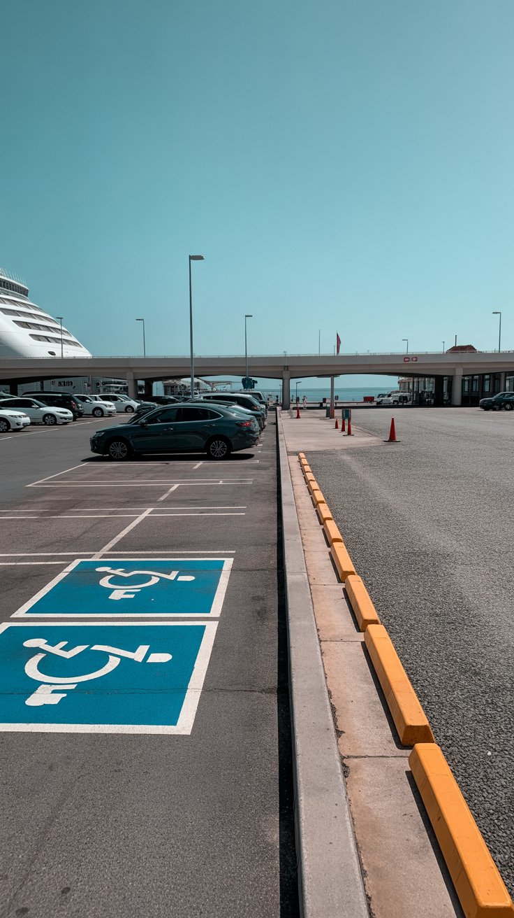 Outlines available parking options for short- and long-term stays near the terminal and notes accessibility features for travelers with mobility needs.