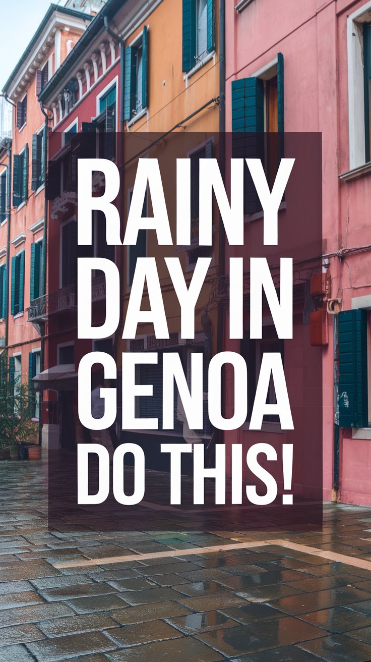 Big text overlay saying: Rainy Day in Genoa? Do This! It's designed to immediately grab attention with its thick, distinctive lettering set prominently in a big dark colored box, utilizing a simple yet striking bold white color for the text. Surrounding this eye-catching typography, a collage of vibrant images.