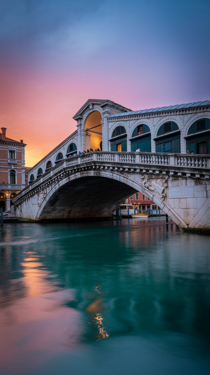 Rialto Bridge at dusk in Venice Italy