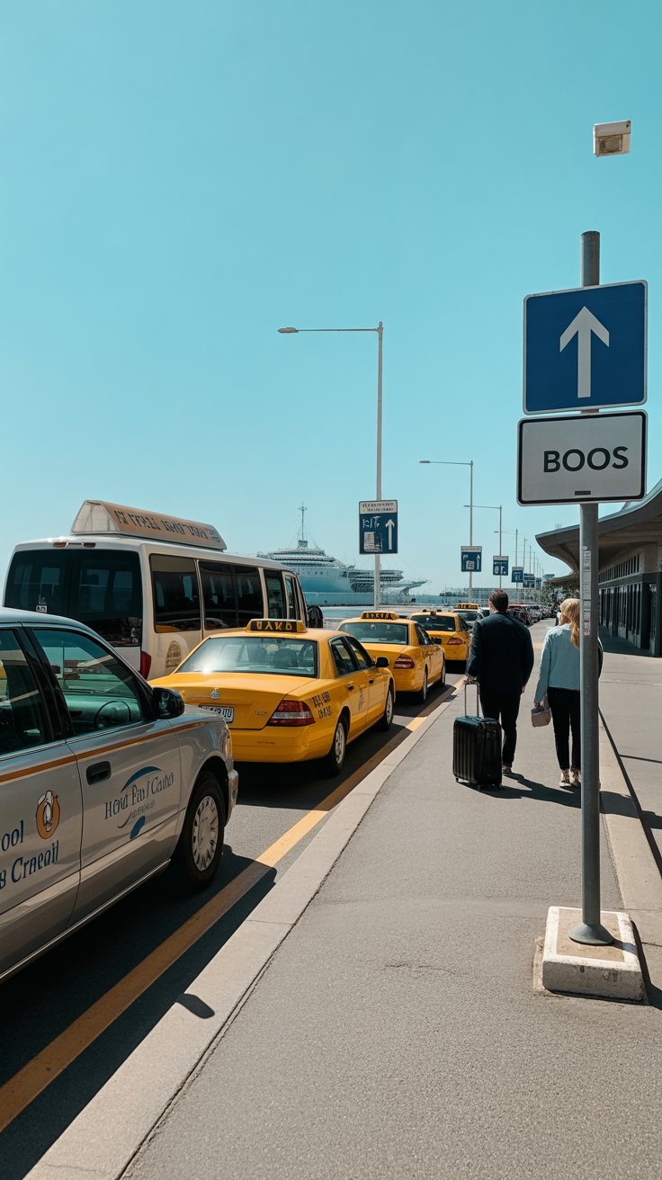 Details various ways to reach the port, including taxis, buses, ferries, and shuttles, with cost, time, and usage tips.