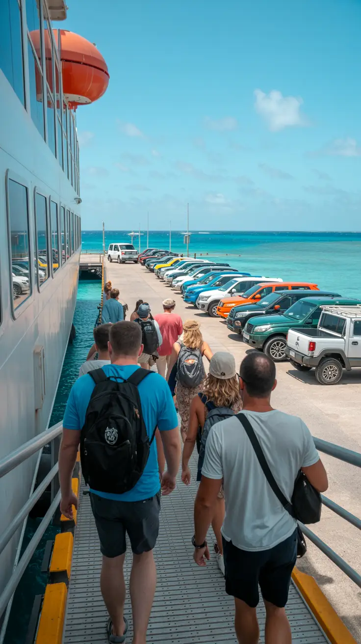 A vibrant travel blog header image highlighting "8 Aruba Cruise Mistakes to Avoid," featuring a pristine white sand beach with turquoise waters, a luxury cruise ship in the distant background, and a colorful beach umbrella casting a shadow on the sand under a clear blue sky with fluffy white clouds.