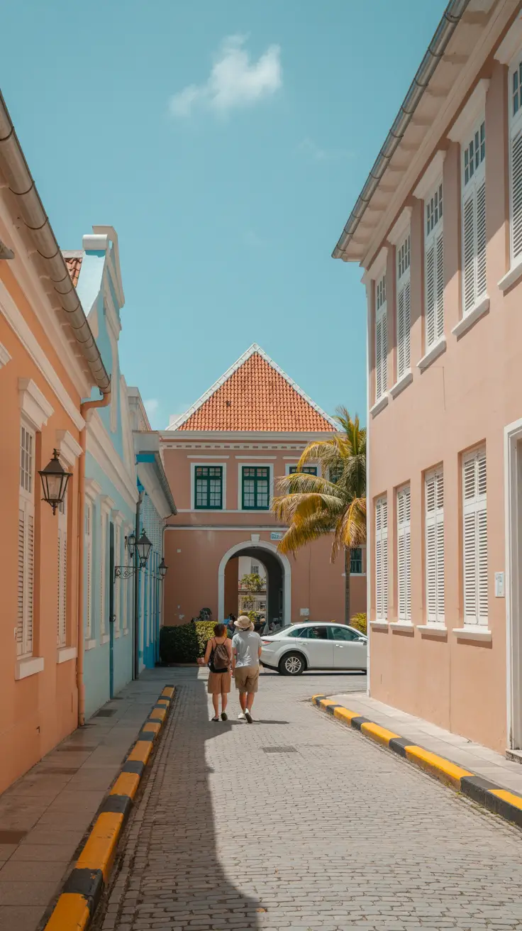 A vibrant travel poster of Aruba cruise port featuring bold turquoise-to-azure text reading “Aruba cruise port walking guide,” set against a realistic panoramic view of colorful harbor buildings, palm trees, and cruise ships under a sunny Caribbean sky with scattered white clouds.