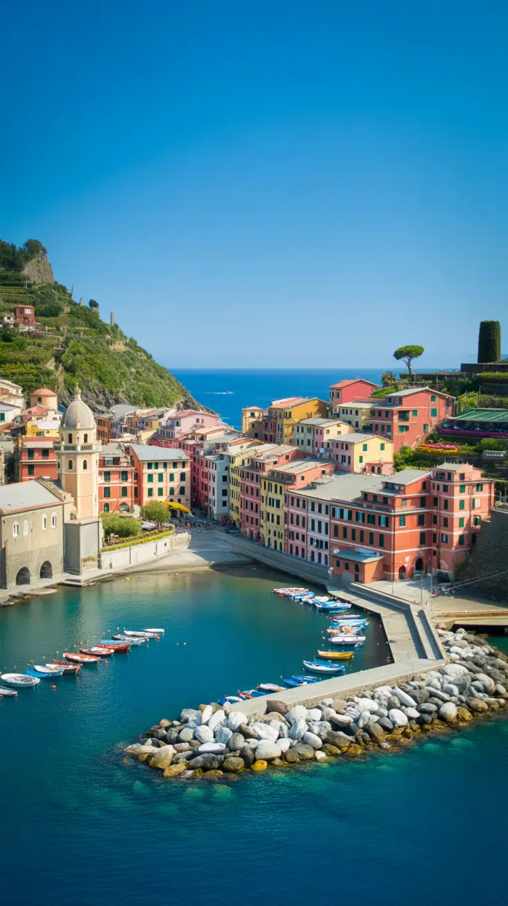 A photo collage of Vernazza, a small coastal village in Italy, featuring multiple scenic views including the harbour, vibrant colourful houses, and the Church of Santa Maria Assunta, set against a dark blue background with bold white text in the foreground reading "Vernazza Photo Spots You Can't Miss."
