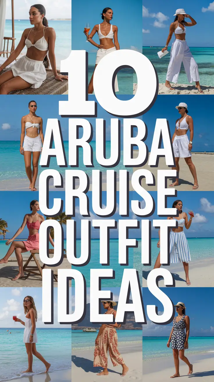 A vibrant lifestyle advertisement showcasing a curated collection of ten stylish outfits perfect for an Aruba cruise, displayed as a visually appealing collage against a backdrop of a pristine turquoise beach and crystal-clear ocean. Models of diverse backgrounds are naturally posed in beach settings—lounging, strolling, and enjoying cocktails—exuding effortless style and tropical vacation bliss. Bold modern text at the top reads "10 Aruba Cruise Outfit Ideas."