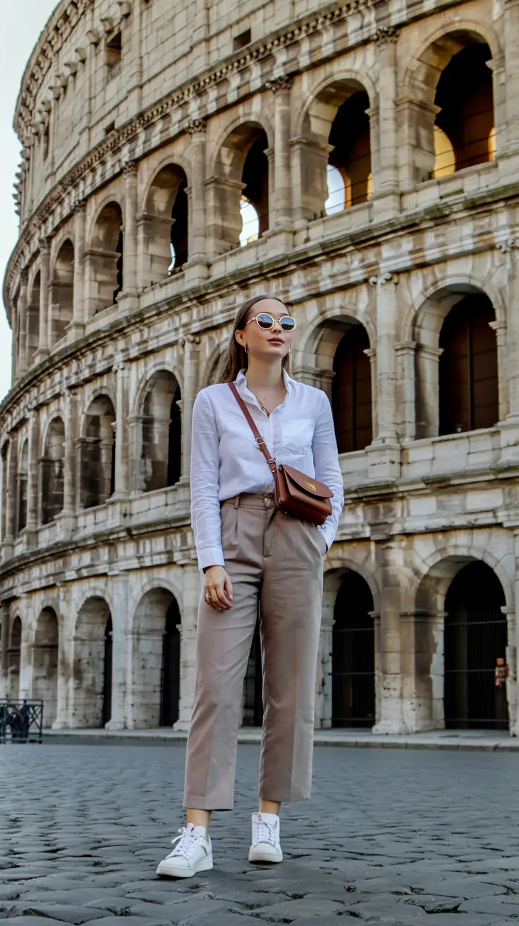 A stylish woman in a flowing linen dress, oversized sunglasses, and a woven straw hat confidently strolls through the cobblestone streets of Rome, surrounded by colorful buildings in the warm golden light of late afternoon, evoking effortless elegance and chic cruise fashion inspiration.