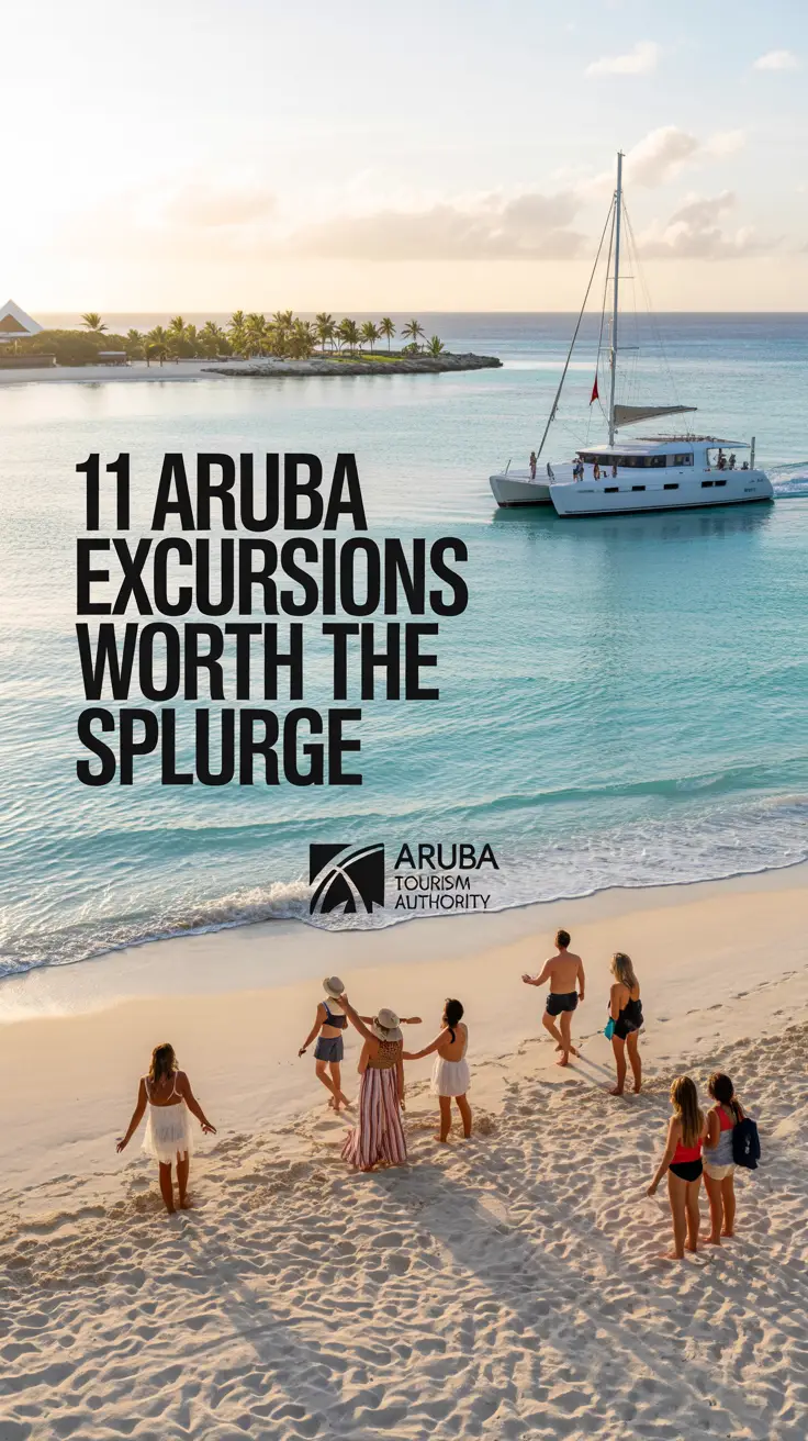 A vibrant lifestyle advertisement showcasing the allure of Aruba with a sweeping aerial view of turquoise waters gently lapping against a pristine white-sand beach, featuring a luxury catamaran sailing toward a cluster of palm-fringed islands. The scene is bathed in golden sunlight, creating a warm and inviting atmosphere, while a diverse group of smiling tourists are enjoying various excursions, subtly hinting at adventure and relaxation.