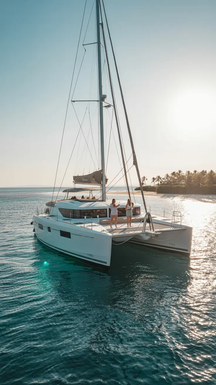 A vibrant lifestyle advertisement showcasing the allure of Aruba with a sweeping aerial view of turquoise waters gently lapping against a pristine white-sand beach, featuring a luxury catamaran sailing toward a cluster of palm-fringed islands, bathed in golden sunlight with a diverse group of smiling tourists enjoying various excursions that suggest adventure and relaxation.