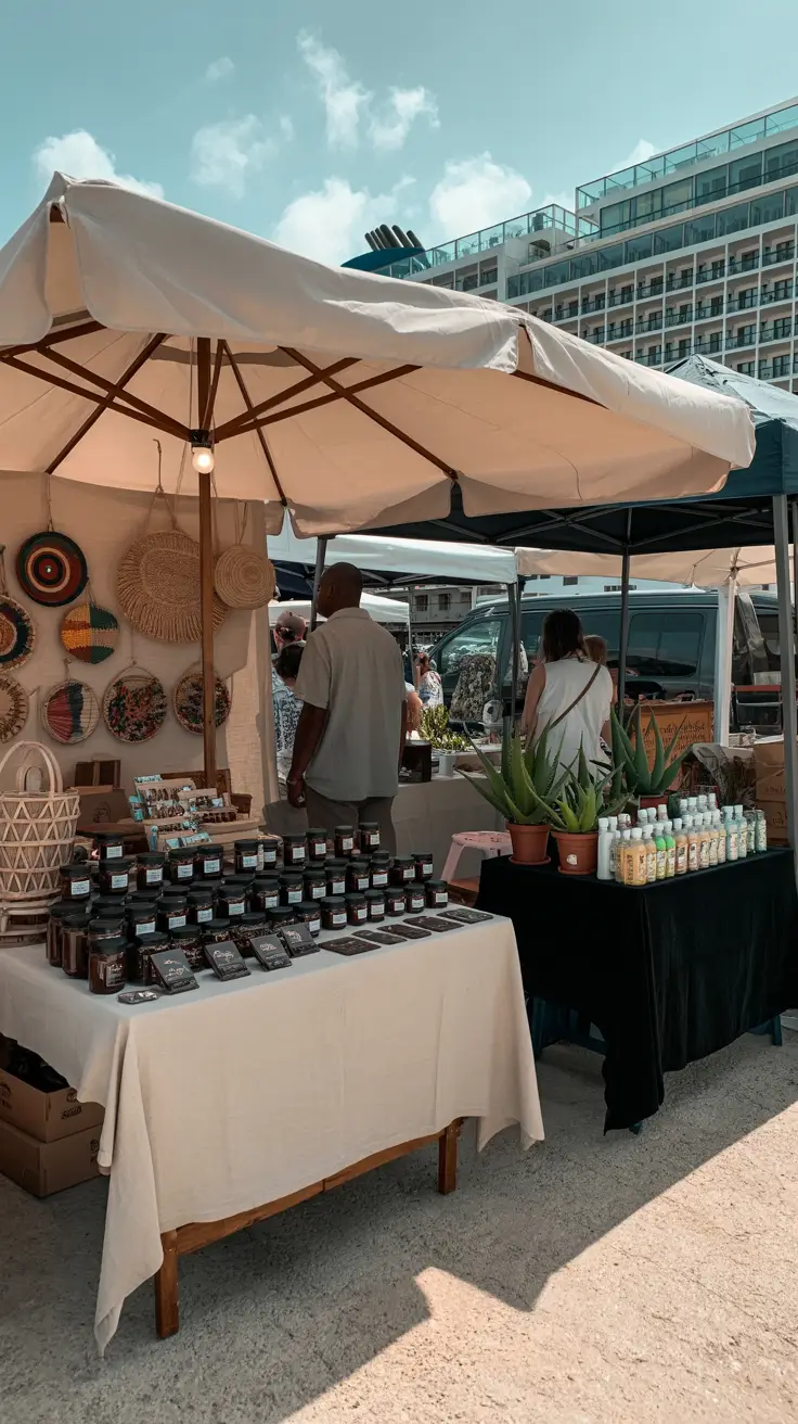 A vibrant travel poster depicting the bustling Aruba cruise port with bold turquoise-to-azure text reading “Aruba cruise port walking guide.” The scene showcases colorful waterfront buildings, palm trees, and cruise ships docked under a sunny Caribbean sky with scattered fluffy clouds.