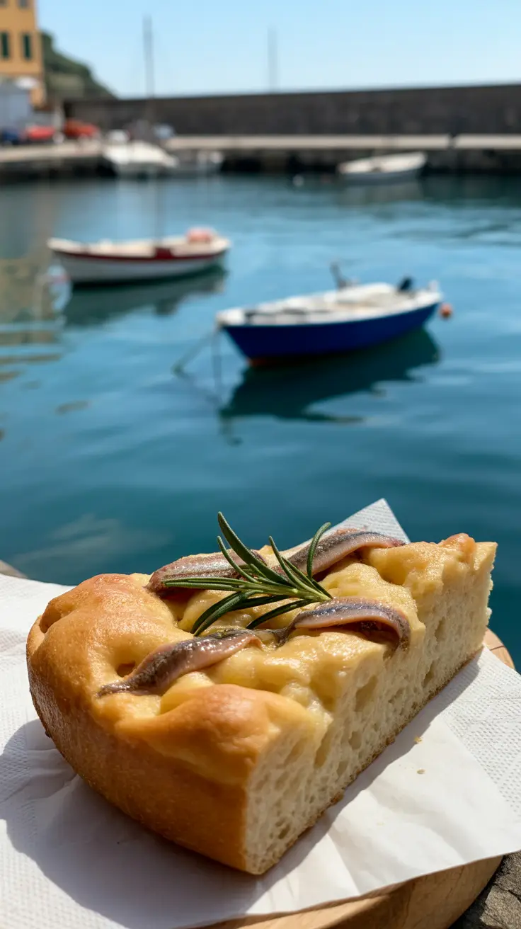 A photo of a cruise ship docked near the cliffs of Cinque Terre, Italy, with colorful village buildings in the background and a foreground basket filled with fresh fish, tomatoes, and olives, overlaid with bold text reading "Cinque Terre Foods Cruise Passengers Crave."