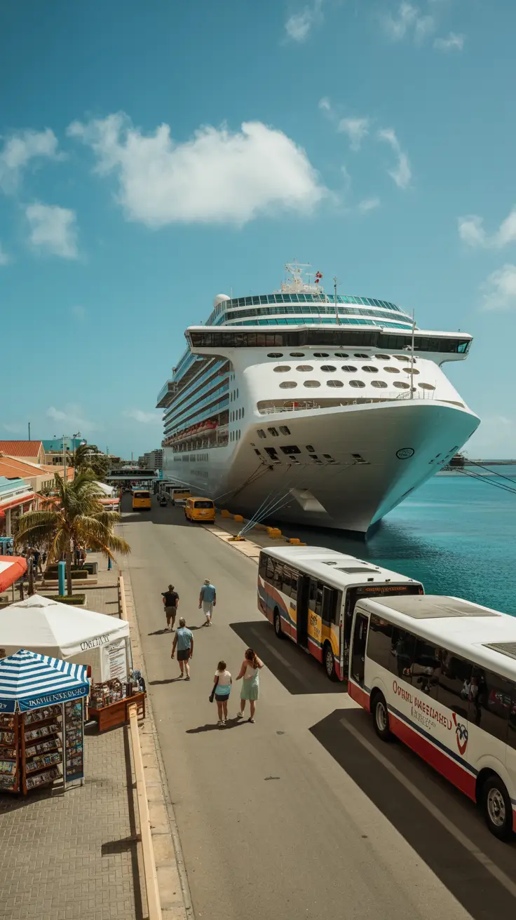 A vibrant travel blog header image titled "8 Aruba Cruise Mistakes to Avoid," featuring a pristine white sand beach in Aruba gently meeting turquoise water, with a distant luxury cruise ship, a colorful beach umbrella casting a shadow on the sand, and a sunny blue sky with fluffy white clouds, evoking tropical paradise and cruise travel tips.