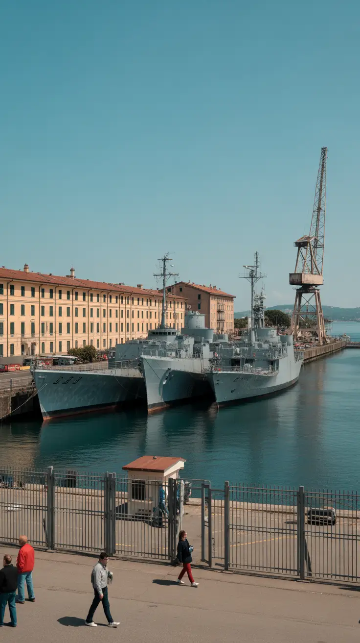 La Spezia’s Secret Naval Adventures Uncovered displayed in bold white lettering on a dark box, overlaid atop a vibrant collage of realistic maritime images, creating a striking and attention-grabbing visual composition.