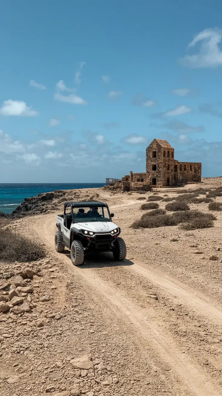 A vibrant lifestyle advertisement showcasing the allure of Aruba with a sweeping aerial view of turquoise waters gently lapping against a pristine white-sand beach, featuring a luxury catamaran sailing toward a cluster of palm-fringed islands. The scene is bathed in golden sunlight, creating a warm and inviting atmosphere, while a diverse group of smiling tourists enjoy various excursions that hint at both adventure and relaxation. Bold, modern typography displays the text "11 Aruba Excursions Worth the Splurge" in the upper left corner, with the Aruba Tourism Authority logo subtly placed in the lower right.