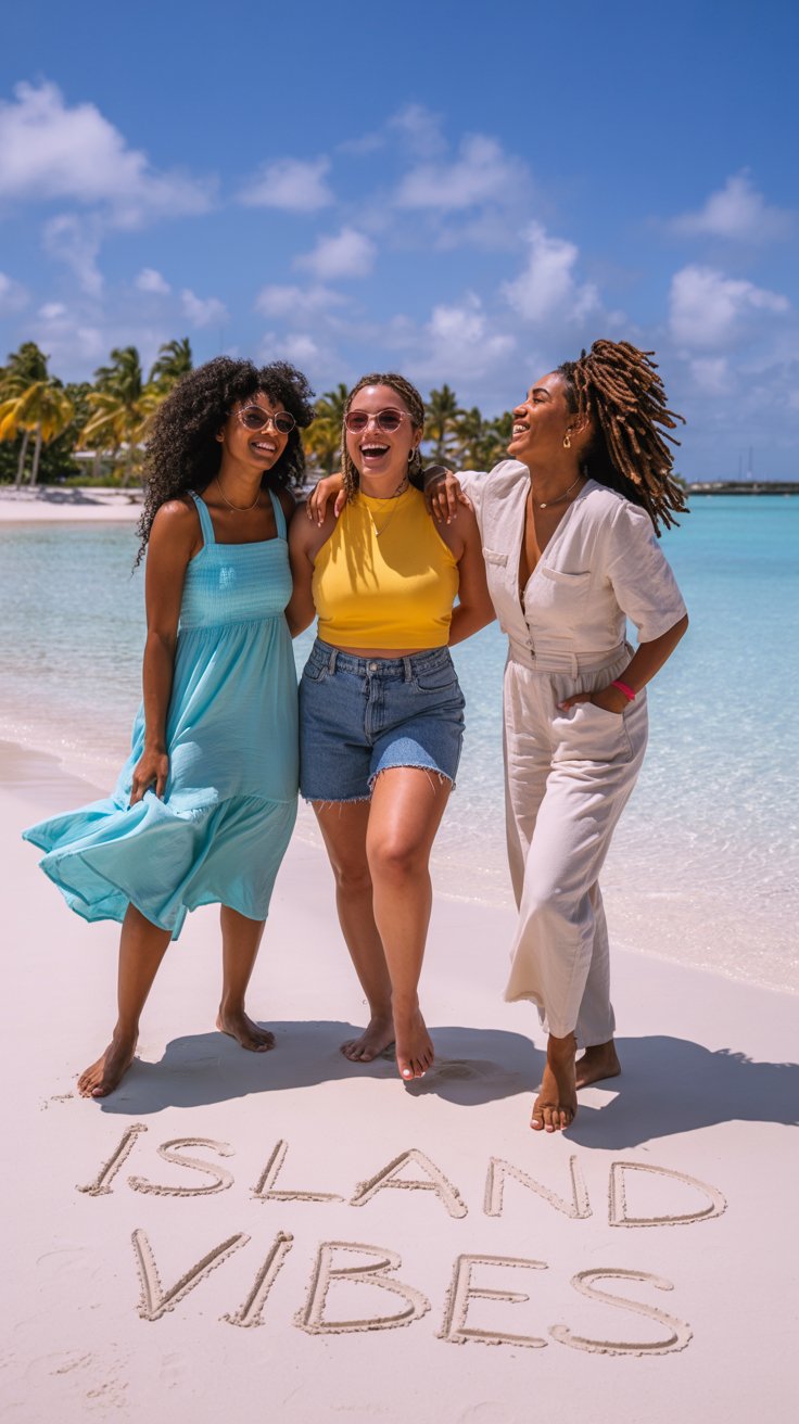 3 Ladies at a Nassau beach wearing summer outfits