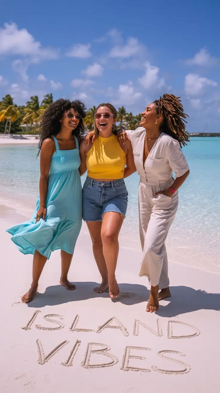 3 Ladies at a Nassau beach wearing summer outfits