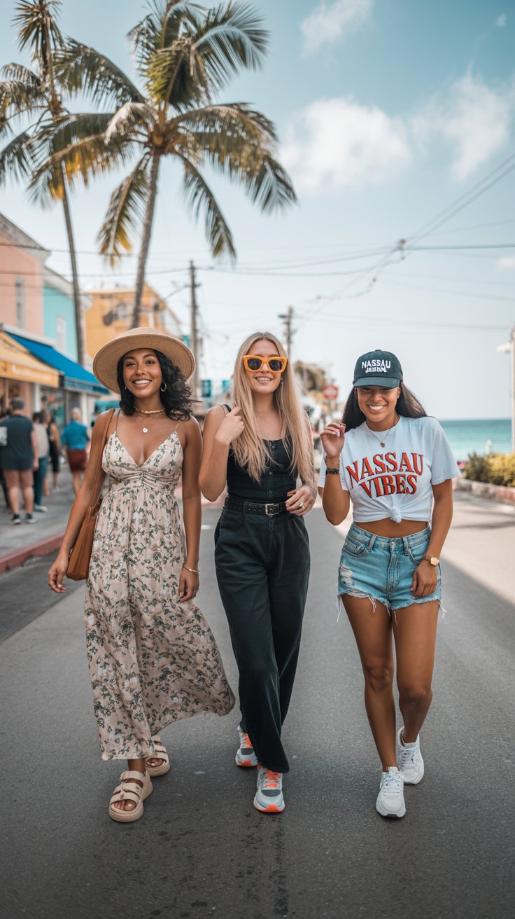 3 Nassau ladies wearing the latest cruise outfits onshore