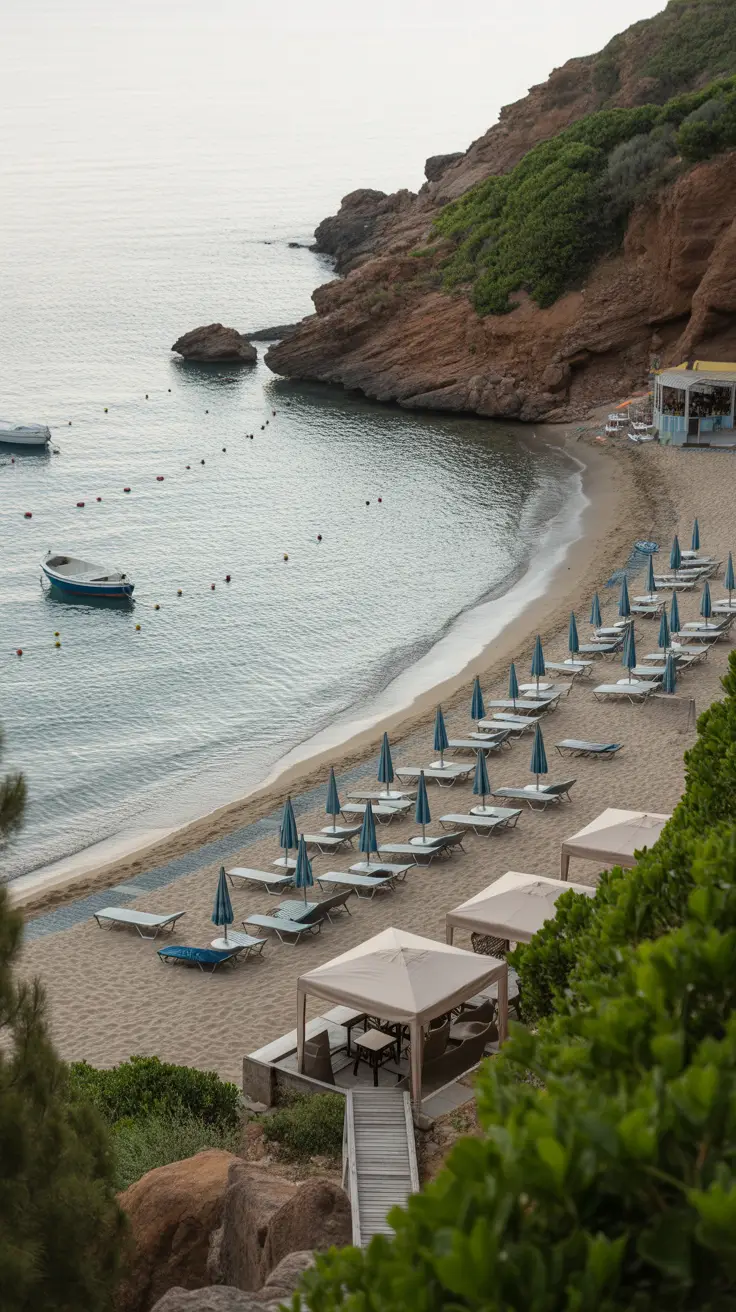 Big text overlay saying: 7 Secret Beaches Near La Spezia, in bold white letters on a dark-colored box, designed to grab attention; surrounded by a collage of vibrant, realistic images representing hidden beach locations near La Spezia.