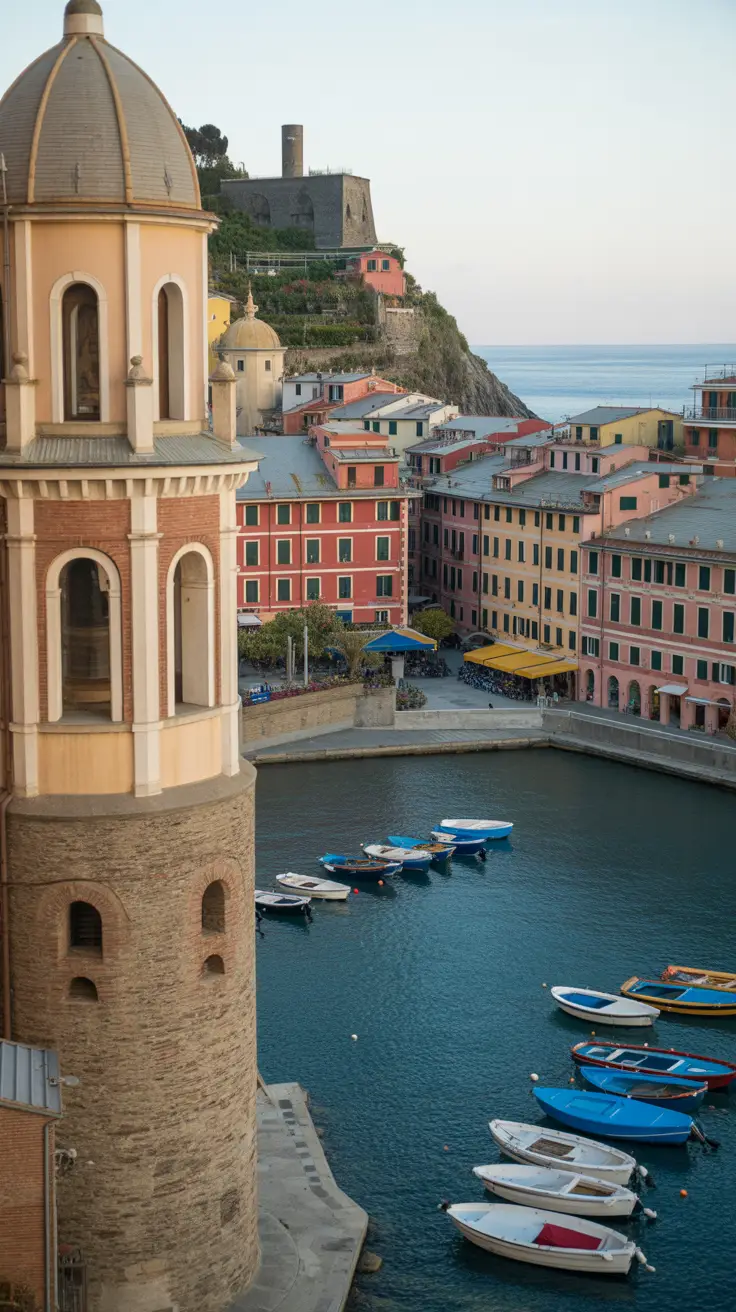 A photo collage of Vernazza, a picturesque coastal village in Italy, showcasing scenic views including its colorful harbourfront houses, the Church of Santa Maria Assunta, and striking Mediterranean landscapes. Set against a dark blue background, bold white text in a large, dark blue foreground box reads "Vernazza Photo Spots You Can't Miss."