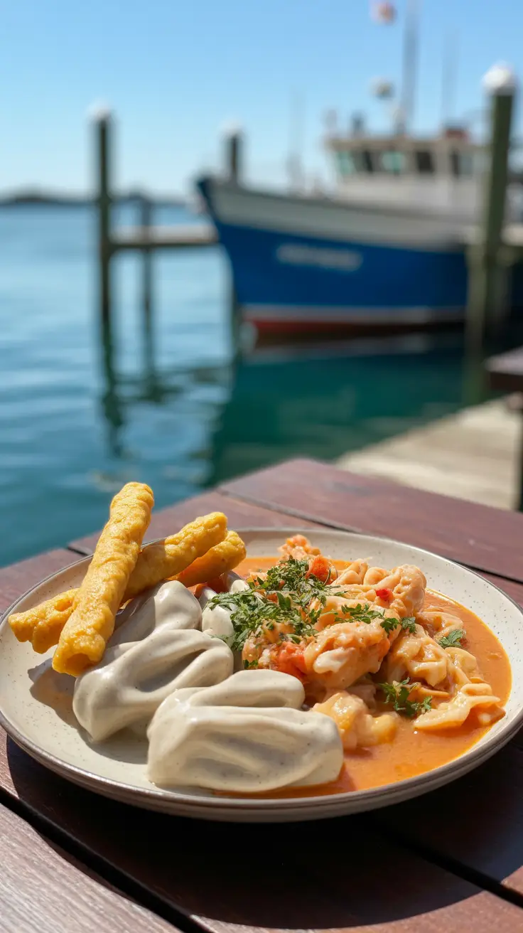A vibrant lifestyle advertisement showcasing a collage of seven mouthwatering Aruban dishes arranged artfully on a rustic wooden table near a turquoise ocean backdrop, representing the best culinary offerings near the cruise port. Each dish – including keshi yena, funchi, and pastechi – is styled with fresh herbs and colorful garnishes, bathed in warm, natural sunlight creating a lively and inviting atmosphere. Bold white text overlay reads “7 Aruba Dishes Near Cruise Port” in a clean, modern sans-serif font, with subtle Aruban flags added as supportive visual elements to evoke island charm and culinary discovery.