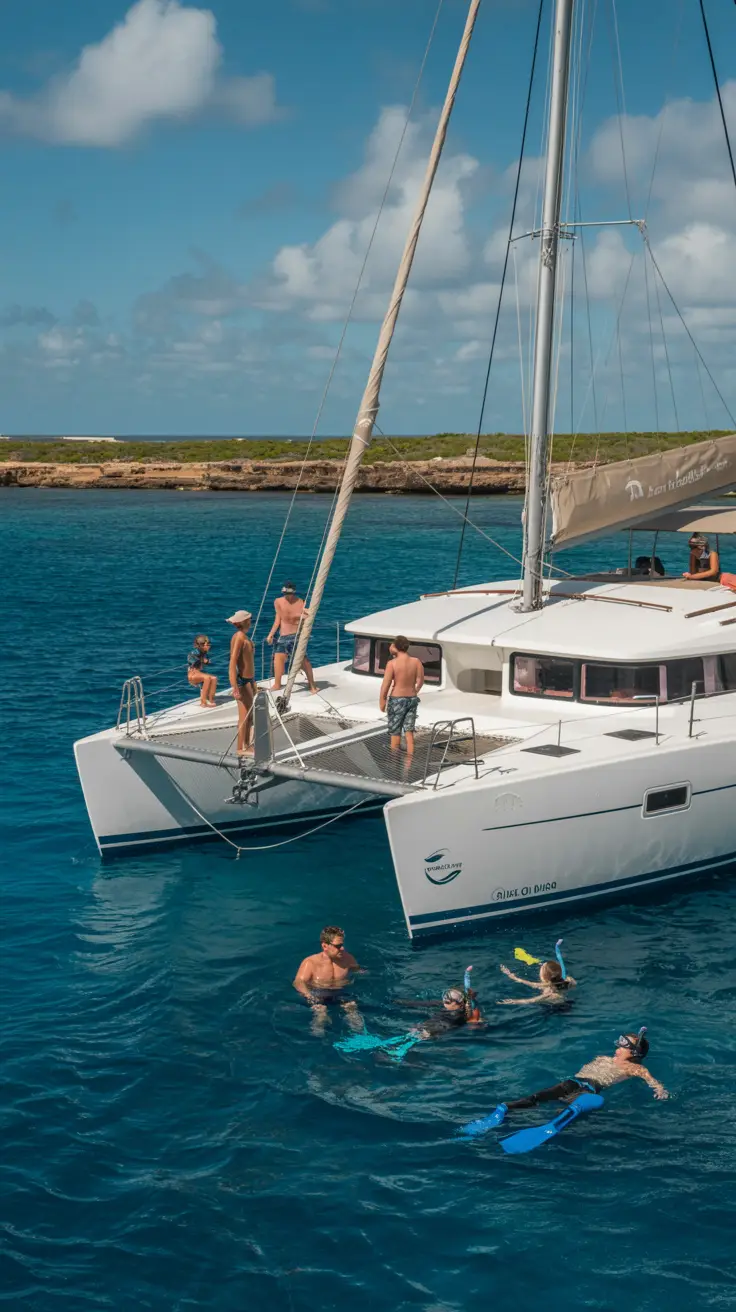 A vibrant lifestyle advertisement showcasing the allure of Aruba with a sweeping aerial view of turquoise waters gently lapping against a pristine white-sand beach, featuring a luxury catamaran sailing toward a cluster of palm-fringed islands. The scene is bathed in golden sunlight, creating a warm and inviting atmosphere, while a diverse group of smiling tourists enjoy various excursions, subtly hinting at adventure and relaxation.