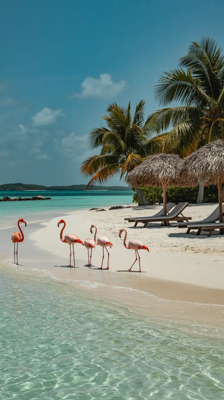 A vibrant lifestyle advertisement showcasing the allure of Aruba with a sweeping aerial view of turquoise waters gently lapping against a pristine white-sand beach, featuring a luxury catamaran sailing toward a cluster of palm-fringed islands. The scene is bathed in golden sunlight, creating a warm and inviting atmosphere, while a diverse group of smiling tourists enjoy various excursions, subtly hinting at adventure and relaxation.