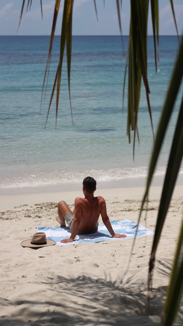 A vibrant travel blog header image depicting a serene white sand beach in Aruba with turquoise waters, a distant luxury cruise ship, and a colorful beach umbrella casting a shadow—set beneath a bright blue sky with scattered fluffy clouds, illustrating "8 Aruba Cruise Mistakes to Avoid".