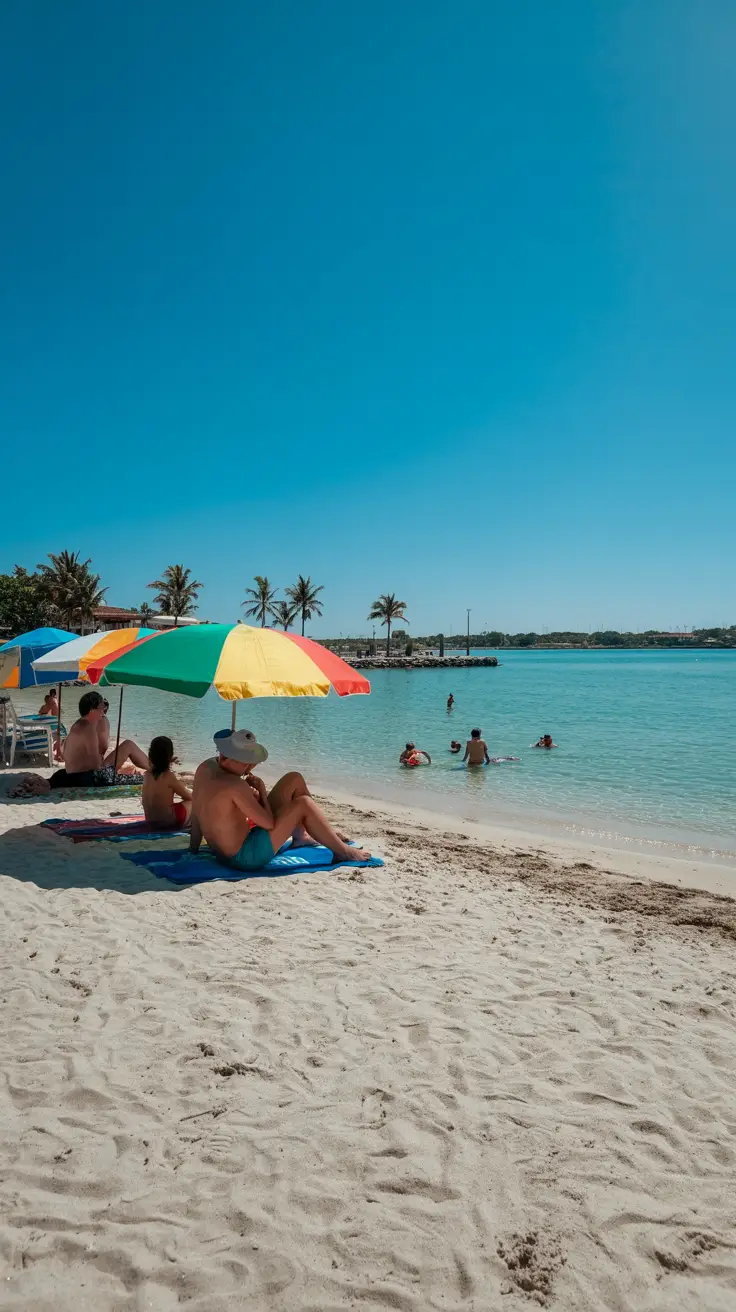 A vibrant travel poster showcasing "9 Aruba Cruise Ideas No Bus" in large, bold, turquoise lettering across a stunning tropical beach scene; features crystal-clear turquoise water, white sandy beach, swaying palm trees, a luxury cruise ship anchored in the distance under the warm afternoon sun, and scattered beach umbrellas evoking a luxurious island escape.