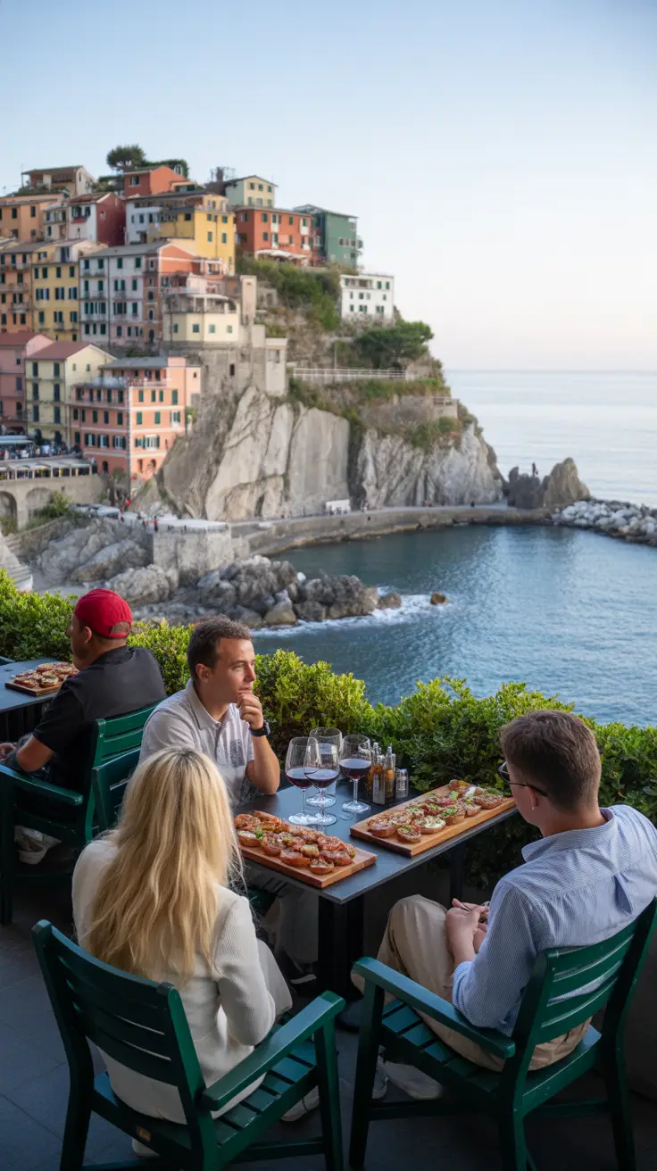 A photo of a sunset cruise in Cinque Terre, Italy, featuring a vibrant sky in shades of orange, pink, and purple reflecting on calm waters; the five cliffside villages appear in the background, with a red-roofed boat anchored nearby and a person climbing a ladder leaning against a rock in the foreground.