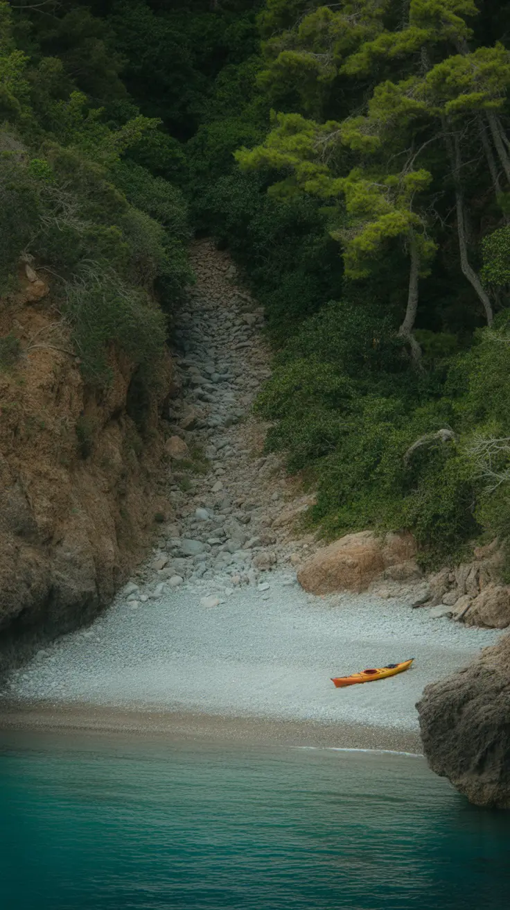 7 Secret Beaches Near La Spezia text overlay in bold white lettering on a dark box, surrounded by a vibrant collage of realistic coastal images designed to grab attention.
