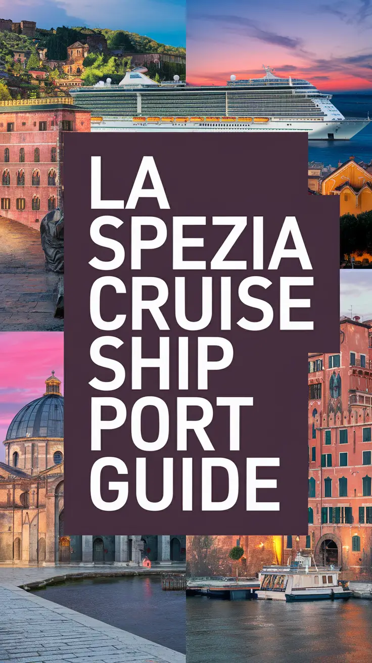 Big text overlay saying "La Spezia Cruise Ship Port Guide" in bold white font on a dark box, surrounded by a vibrant collage of realistic images showcasing La Spezia's cruise port atmosphere.