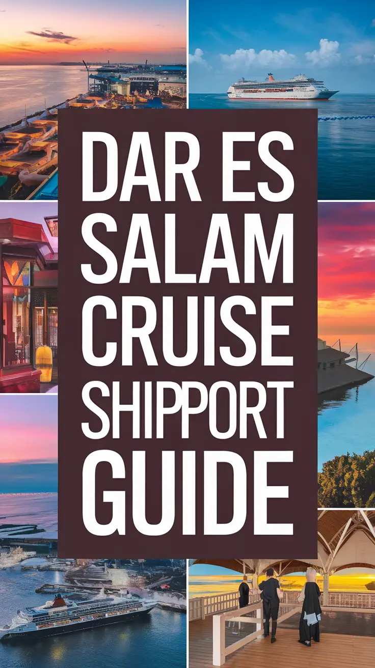 Big text overlay saying: Dar es Salaam Cruise Ship Port Guide. It's designed to immediately grab attention with its thick, distinctive lettering set prominently in a big dark colored box, utilizing a simple yet striking bold white color for the text. Surrounding this eye-catching typography, a collage of vibrant images.