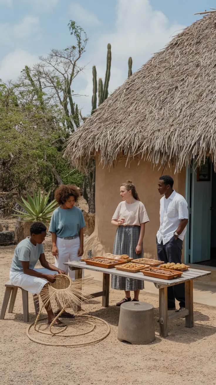 A vibrant lifestyle advertisement showcasing the allure of Aruba with a sweeping aerial view of turquoise waters gently lapping against a pristine white-sand beach, featuring a luxury catamaran sailing toward a cluster of palm-fringed islands. The scene is bathed in golden sunlight, creating a warm and inviting atmosphere, while a diverse group of smiling tourists are enjoying various excursions, subtly hinting at adventure and relaxation.