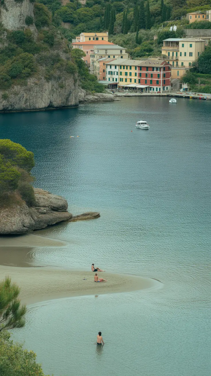 7 Secret Beaches Near La Spezia, bold white text on dark box overlaying a vibrant collage of hidden coastal gems, realistic beach scenery, designed to capture attention.