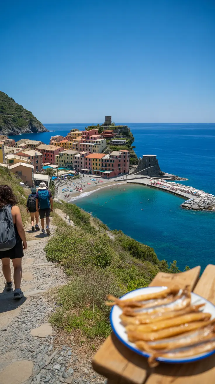 Cinque Terre Hike That Changed Everything — bold white text in thick, distinctive lettering over a large dark-colored box, surrounded by a vibrant collage of realistic landscape images capturing the beauty and emotion of the Cinque Terre hiking experience.