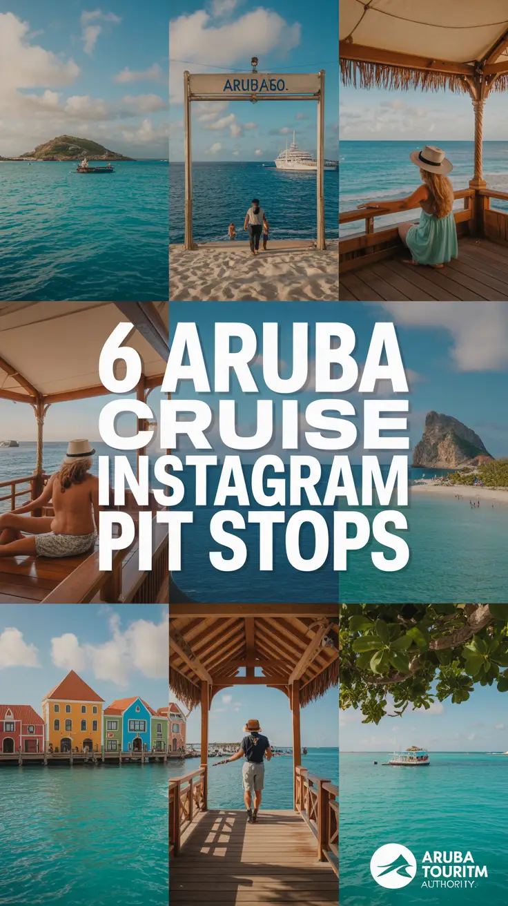 A vibrant lifestyle advertisement showcasing a carousel of six picturesque scenes representing key stops on an Aruba cruise, each framed as a visually stunning Instagram post within the larger image, featuring turquoise waters, white-sand beaches, colorful Dutch architecture, lush tropical foliage, and unique local experiences bathed in warm, golden-hour sunlight, with bold modern typography reading "6 Aruba Cruise Instagram Pit Stops" and a subtle Aruba Tourism Authority logo in the corner.