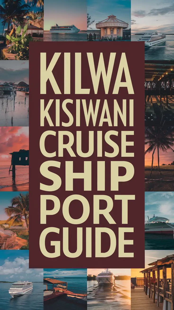 Big text overlay saying: Kilwa Kisiwani Cruise Ship Port Guide. It's designed to immediately grab attention with its thick, distinctive lettering set prominently in a big dark colored box, utilizing a simple yet striking bold white color for the text. Surrounding this eye-catching typography, a collage of vibrant images. Alt Tag description: Eye-catching travel graphic featuring bold white text "Kilwa Kisiwani Cruise Ship Port Guide" inside a large dark box, surrounded by a vibrant collage of realistic destination images.