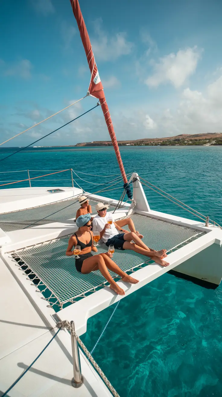 A vibrant lifestyle advertisement for an Aruba cruise guide showcasing a stunning aerial view of a luxury cruise ship sailing through turquoise waters toward a pristine white-sand beach lined with palm trees, under a clear blue sky with fluffy white clouds during golden hour lighting; features a bold overlay text reading "Aruba Cruise Guide: 6 Hours" in modern sans-serif font, enhanced with cinematic elements like lens flares and depth of field blur to convey a mood of tropical paradise and effortless escape.